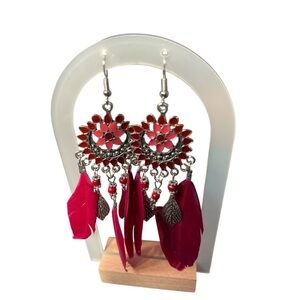 Bohemian floral feather earringsgs maroon and coral